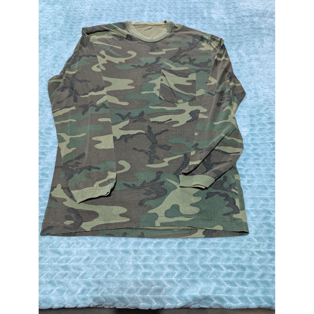 Vintage Woodland Camo‎ Long Sleeve Pocket T-Shirt Mens Green Brown Camouflage